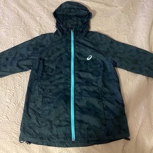 Small, lightweight, gray/blue Asics track suit jacket.